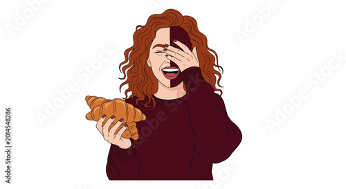 Joyful redhead woman in sweater holding fresh croissant and laughing
