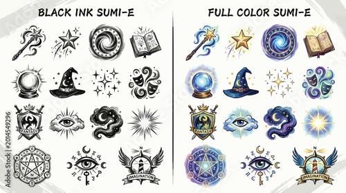 Εκτύπωση καμβά Collection of Mystical and Magical Symbols in Black Ink and Full Color Sumi-E Style