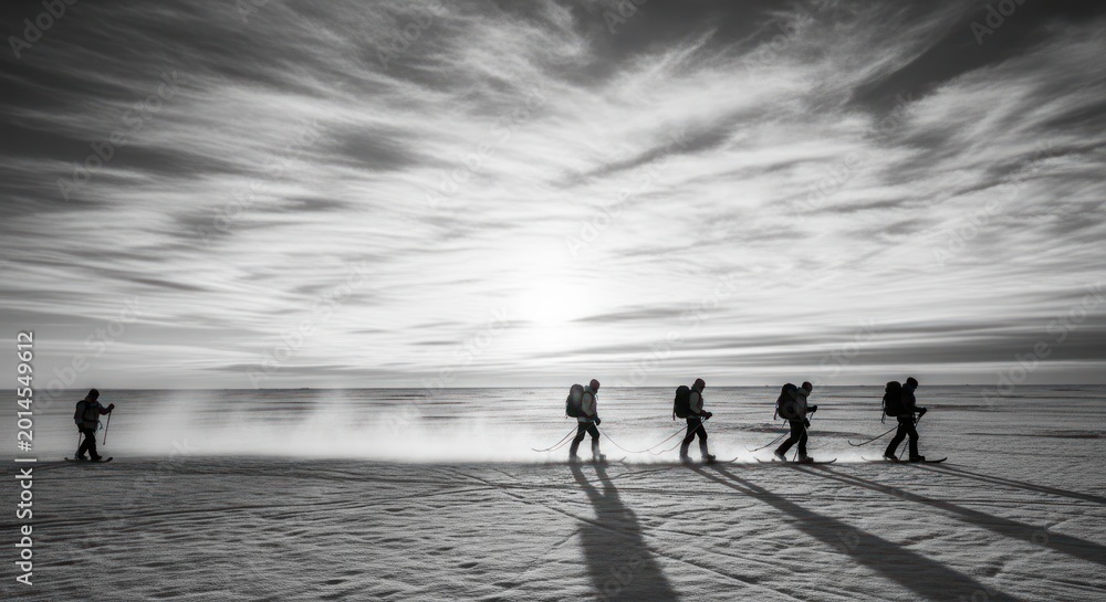 Fototapeta premium Group of hikers trekking across a vast icy landscape under a dramatic sky.