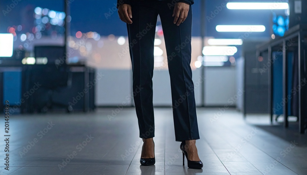 Fototapeta premium パンツスーツを着た女性が夜のオフィスで佇んでいる後ろ姿の下半身にクローズアップした写真