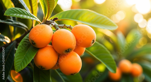 Cluster of ripe orange loquat fruits on a green leafy branch