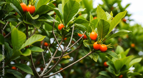 Orange berries on green leafy branches with shallow depth of field berry fruit plant tree