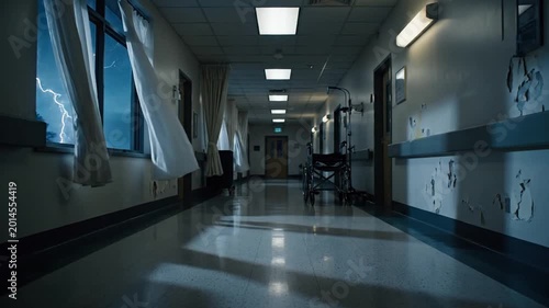 Creepy Hospital Corridor at Night with Medical Equipment.