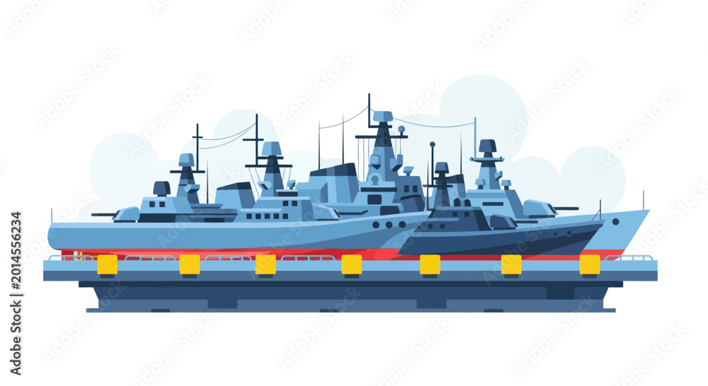 Fototapeta premium Modern Warships Fleet, Naval Vessels Docked, Military Ships Illustration
