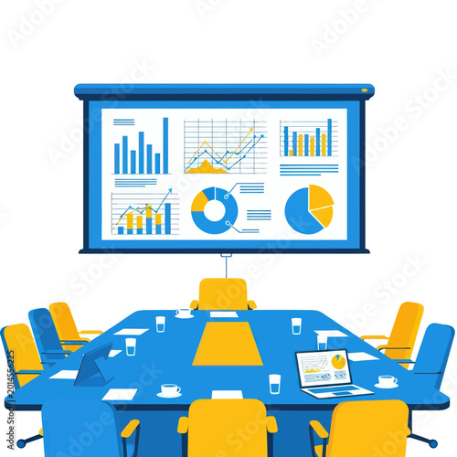Modern Boardroom with Presentation Screen and Blue Table