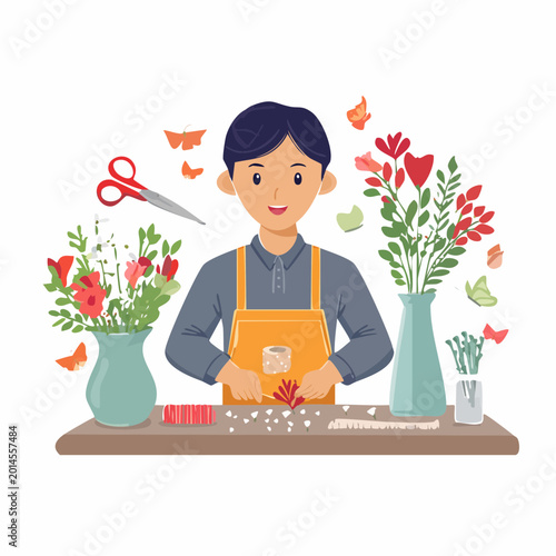 Florist Arranging Flowers with Butterflies and Scissors