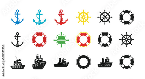 Obraz na plátne Nautical Icons Set: Anchors, Ships, Wheels, Lifebuoys