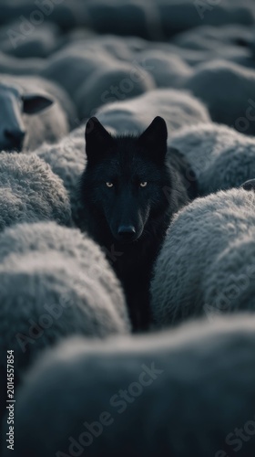 Black wolf standing among white sheep in a flock, animal contrast, predator and prey concept, wild nature, wildlife scene with sharp eyes and fur texture