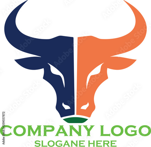 Orange and Blue Bull Head Logo Design Representing Strength and Energy
