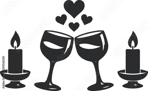 Tableau sur toile Romantic celebration vector icon, two wine glasses toasting with hearts, elegant candlelit dinner illustration, black and white graphic for love, anniversary, or Valentine's Day designs