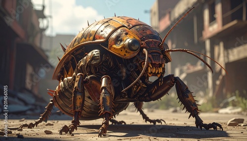 Mutated giant insect creature in urban ruins
