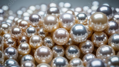 Many beautiful shimmering natural pearls are clustered together in a close up view to highlight their elegant luster and smooth round shapes creating a luxurious texture for high end jewelry