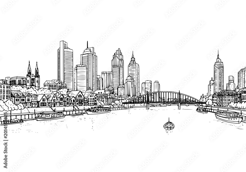 Fototapeta premium Sketch of city skyline with river and boat