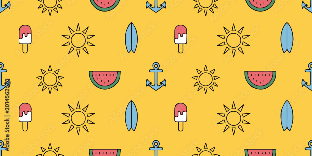 Obraz premium summer pattern seamless vector icons sun surfboard watermelon popsicle