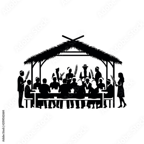 Bild auf Leinwand Silhouette of people celebrating Sukkot under a Sukkah.