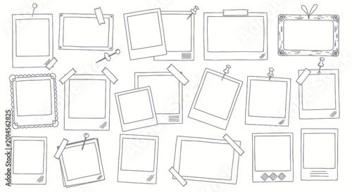 Doodle Photo Frames Collage, Hand Drawn Empty Polaroid Pictures on White Background