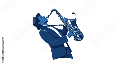 Photos Jazz musician playing saxophone, stylish silhouette, blue tones, white backgroun