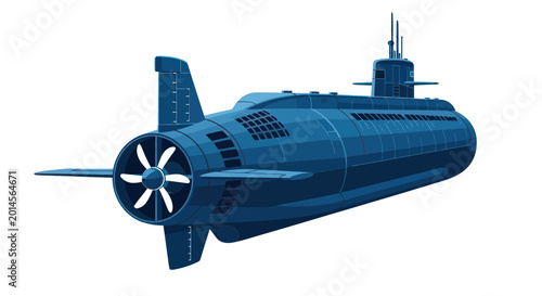 Quadro su tela Modern Blue Submarine Illustration with Propeller and Periscope on White Backgro