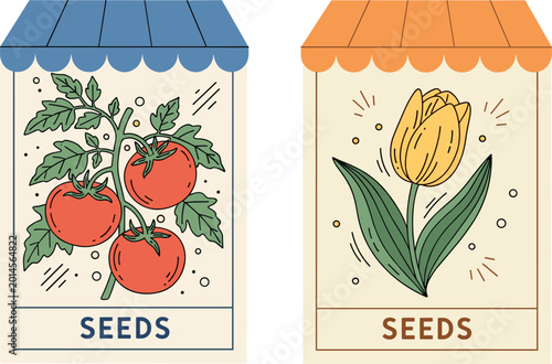 Schilderij op canvas Vintage style seed packets with illustrations of red tomatoes on vine and yellow