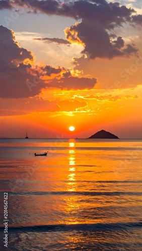 Sunset over calm ocean waters landscape.