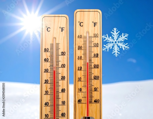 Thermometers in snow with sun and snowflake.