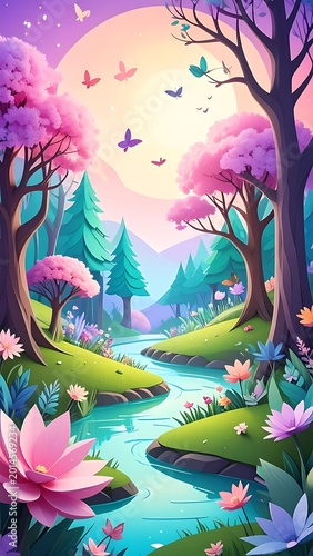 Whimsical fantasy forest landscape with stream.