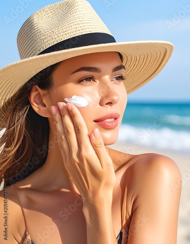 Woman applying sunscreen on beach vacation.