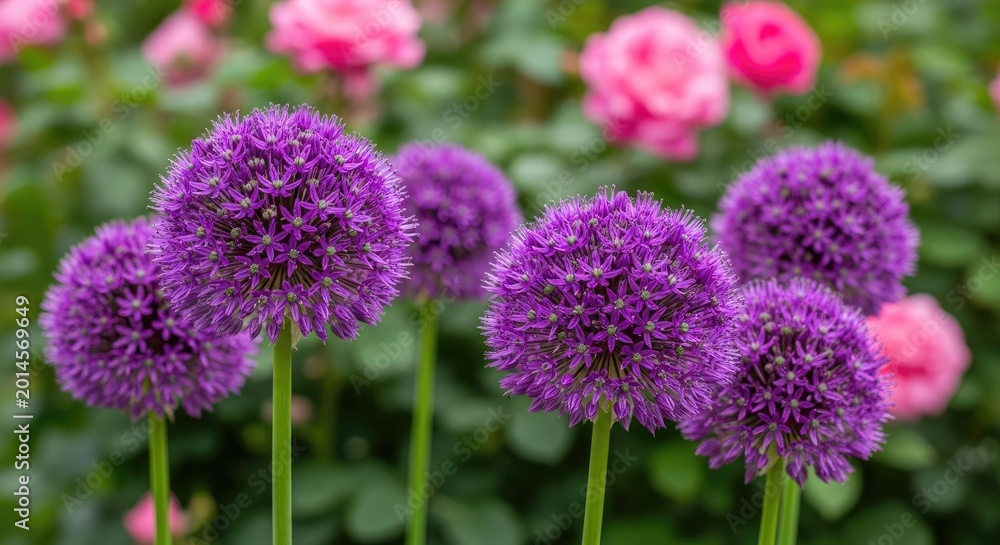 Obraz premium Purple allium flowers with round heads blooming in garden background.