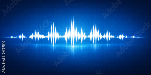 A digital technology illustration featuring a sound wave vector pattern that blends a music equalizer waveform with a medical EKG heartbeat pulse and cardiogram frequency graph