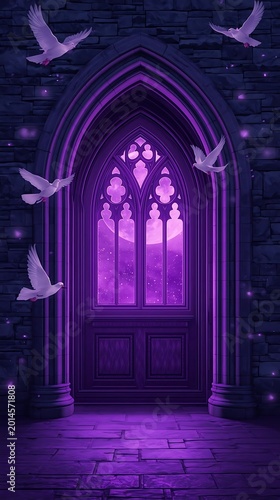 Gothic doorway with flying doves through arched stained glass window at night