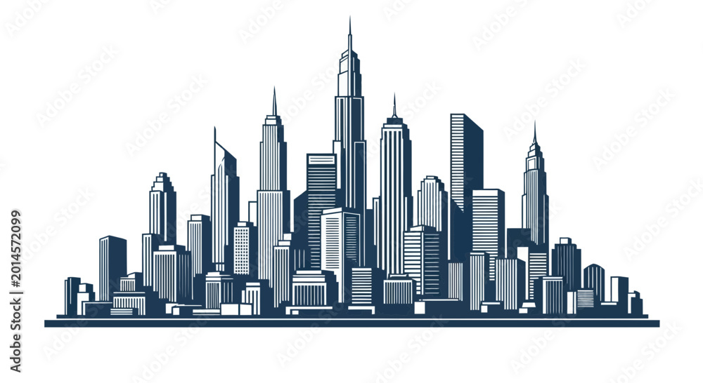 Εκτύπωση καμβά Modern Cityscape Silhouette with Tall Skyscrapers and Buildings