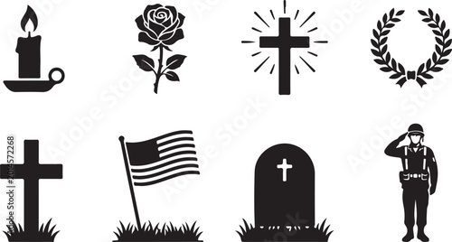 Remembrance Day Vector Icons Set with Poppy, Soldier & Memorial