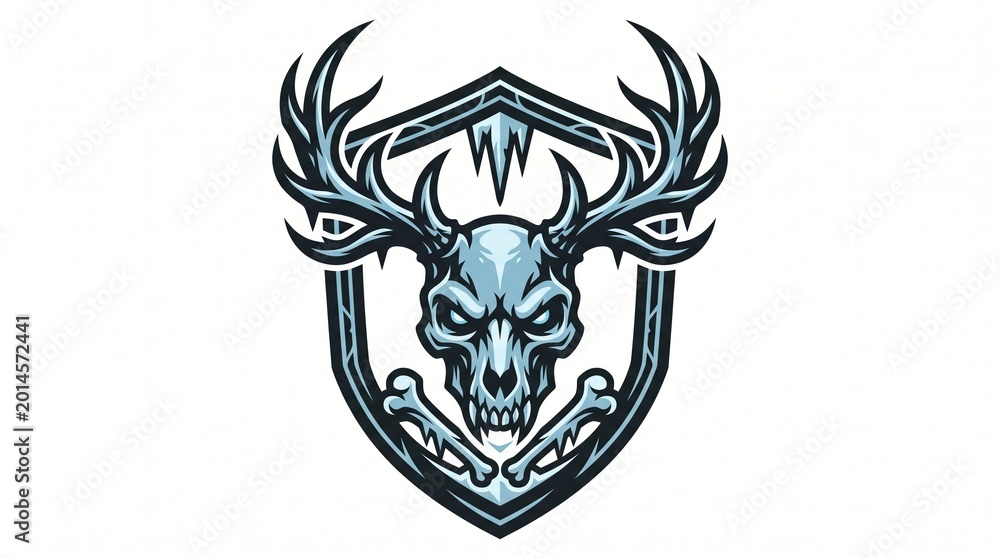 Fototapeta premium Fierce Ice Stag Skull Emblem Crest with Antlers and Crossbones Symbol