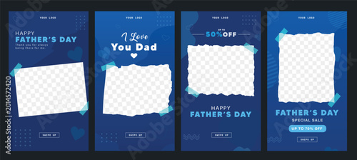 Foto Celebrate Father's Day with this collection of vertical templates featuring blue abstract backgrounds, torn paper photo frames, and festive typography for special sales and heartfelt greetings