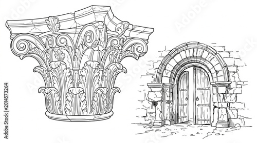 Konstfotografi Ancient Architectural Elements Column Capital and Stone Archway Drawing