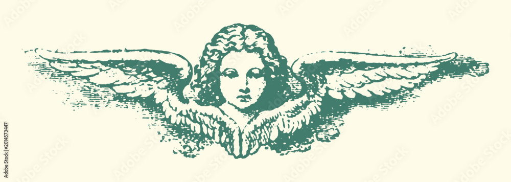 Obraz premium Winged angel face illustration with feathers illustration mythology beautiful peaceful heavenly spiritual religious ornament decorative creature mythical symbolic portrait engraving