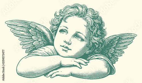 Quadro em tela Close-up illustration of a cherubic baby angel face with feathers illustration m