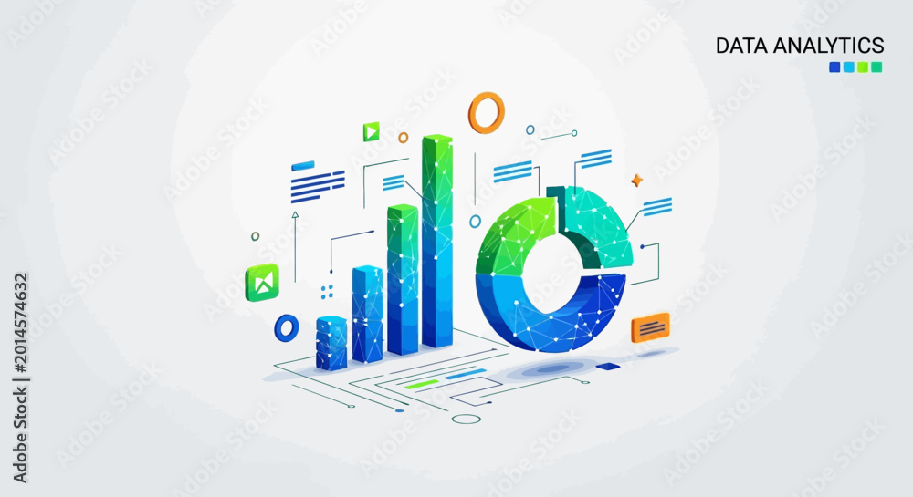 Fototapeta premium Isometric data analytics illustration with bar and pie charts