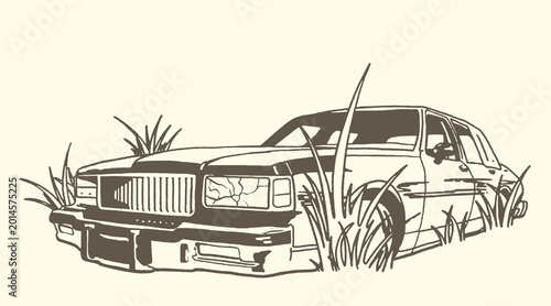 Tableau sur toile Sketch of an old abandoned car overgrown with grass abandoned illustration overg