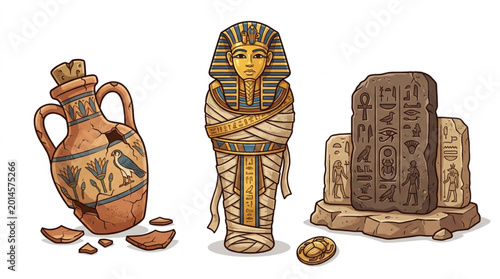 Fotografie Ancient Egyptian artifacts including a mummy sarcophagus and hieroglyphic tablet