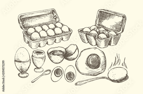 Cuadro en lienzo Collection of eggs in cartons egg cups halved eggs with egg cup still life break