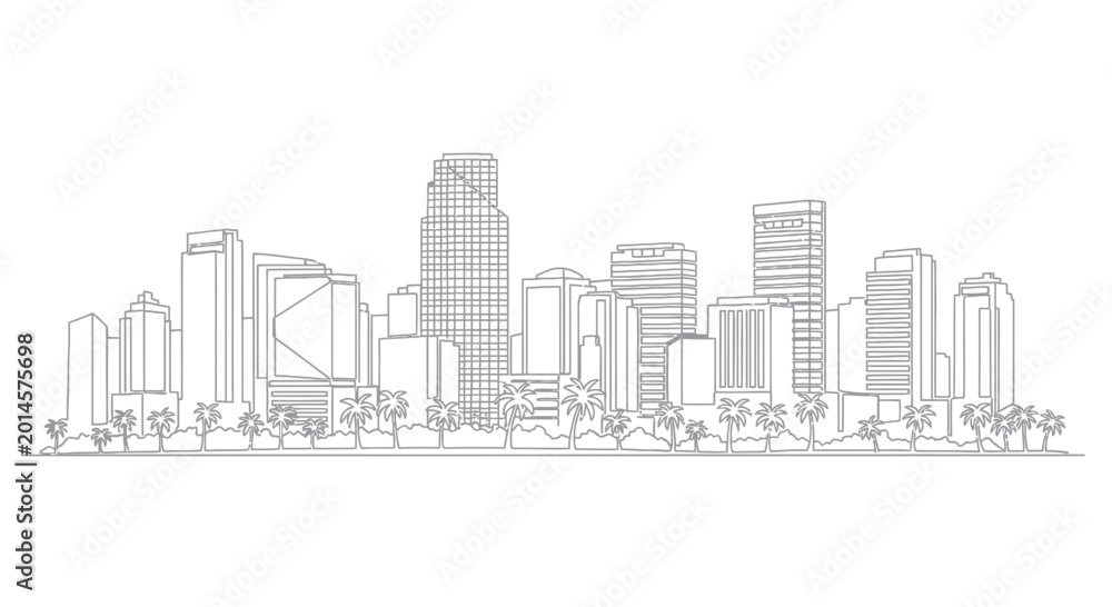 Obraz premium Modern City Skyline Outline Drawing with Palm Trees