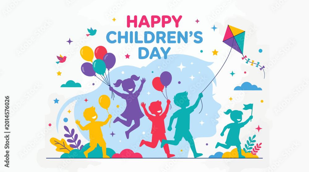 Fototapeta premium Vibrant vector design for Children's Day featuring layered silhouettes of kids playing with balloons and kites.
