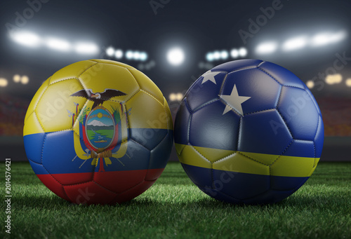 Two soccer balls in flags colors on a stadium blurred background. Ecuador and Curacao. 3D image.