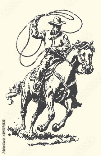 Photos Cowboy lassoing from horseback in vintage style with illustration monochrome art