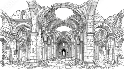 Foto Ancient Ruined Church Interior Sketch.