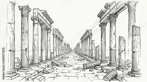 Bild auf Leinwand Ancient Roman ruins with crumbling columns and stone pathway.