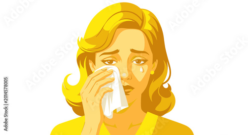 Valokuva Sad Woman Crying with Tissue, Emotional Distress, Yellow Toned Illustration
