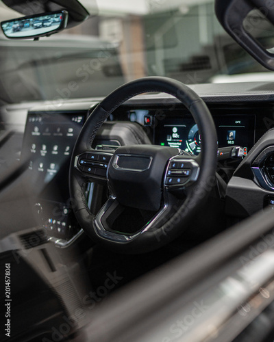 Luxurious Car Interior Steering Wheel Dashboard Ambient Lighting.