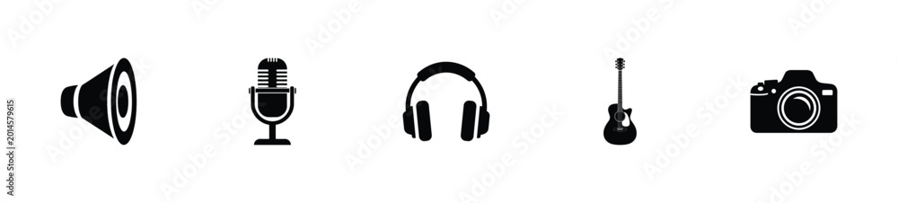 Fototapeta premium A graphic set of icons representing audio and visual media creation tools.